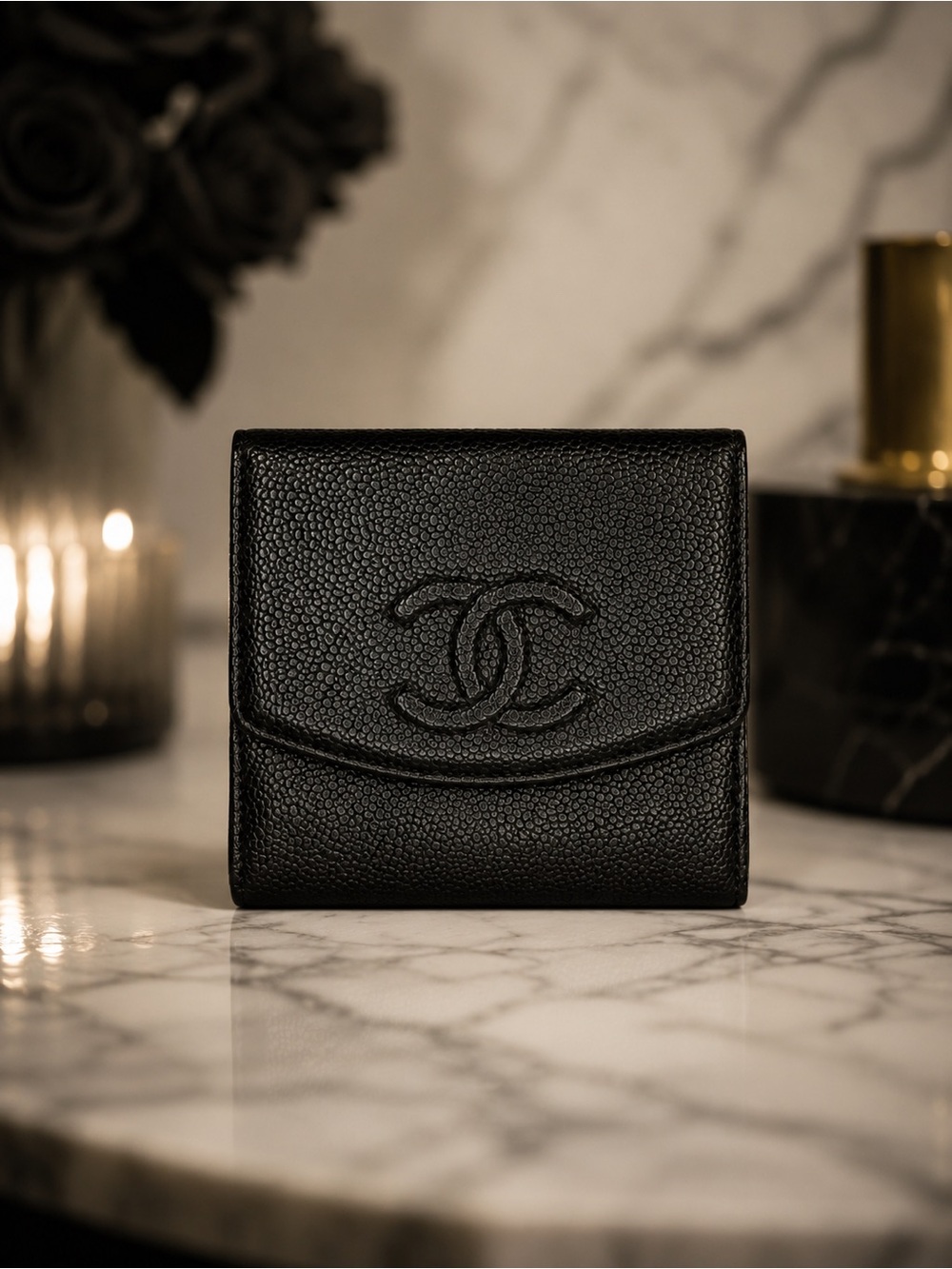 CHANEL Cambon Ligne Black Caviar Leather Snap Bifold Wallet CC Logo | Dust Bag